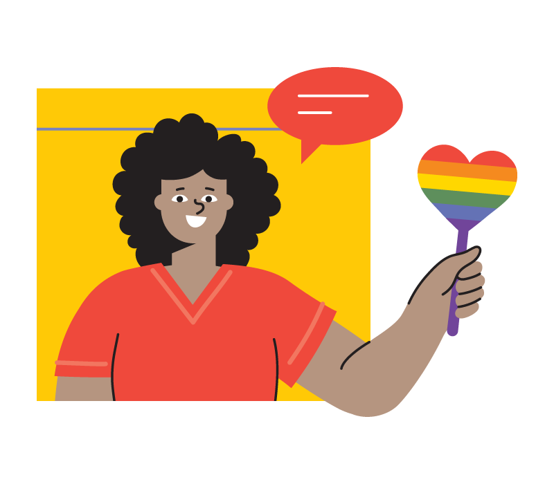 Illustration of woman holding up a pride heart